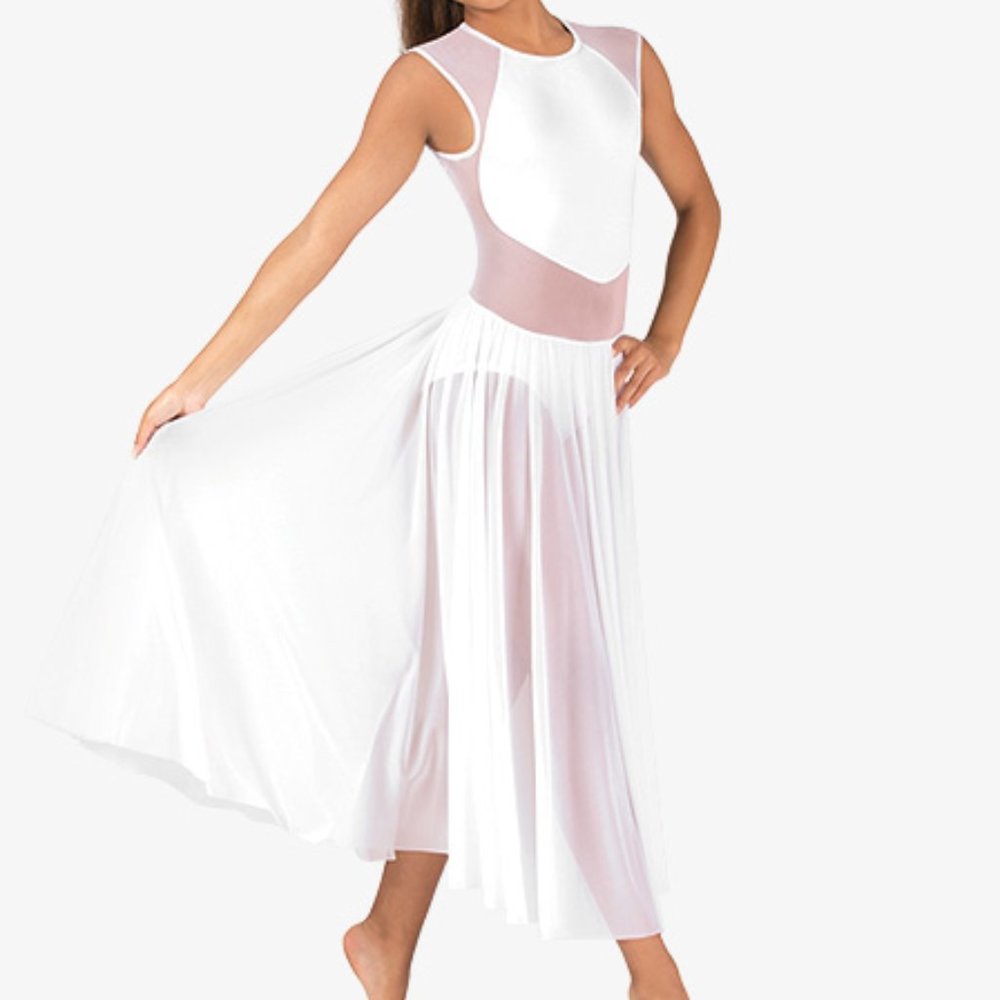 Women’s Double Platinum DanceWear White Lycra and Mesh Long Skirt Leotard Adult